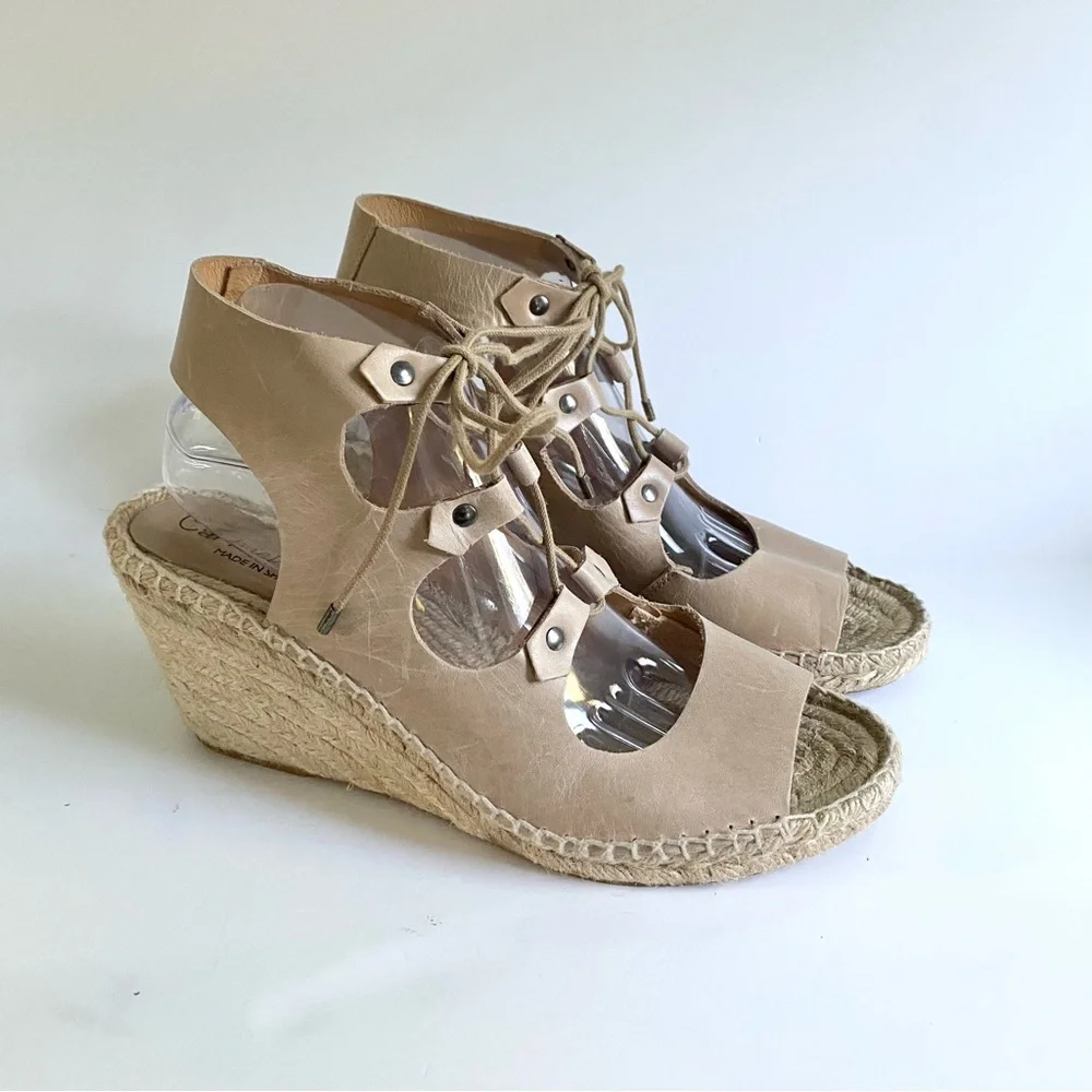Anthropologie Carmen Saiz Leather Espadrille Wedge Sandals Strappy Gladiator Tan